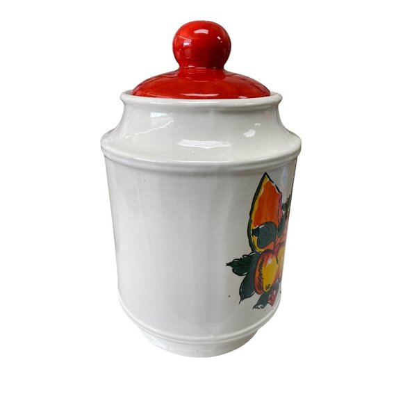 Vintage Italian Ceramic Canister With Hand-Painted Fruit Motif & Red Lid - Picture 5 of 9